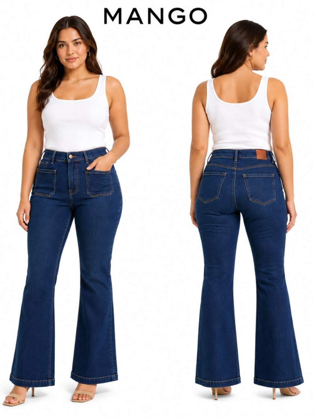 Mango Denim & Tees Womens Flare Jeans Indigo Blue Front Patch Pocket Size 4